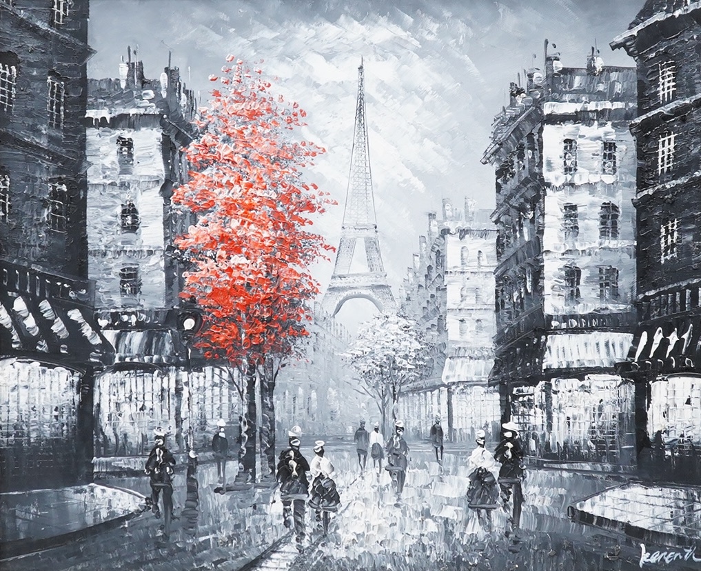 Karenth, Paris, Parisienne street scene with figures, signed, impressionist oil on canvas, 49 x 57cm